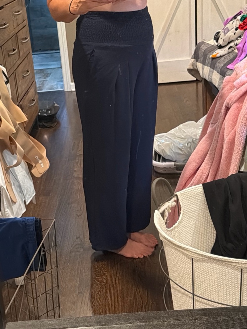 Amazon Navy Wide Straight-Leg Smocked Waist Pants